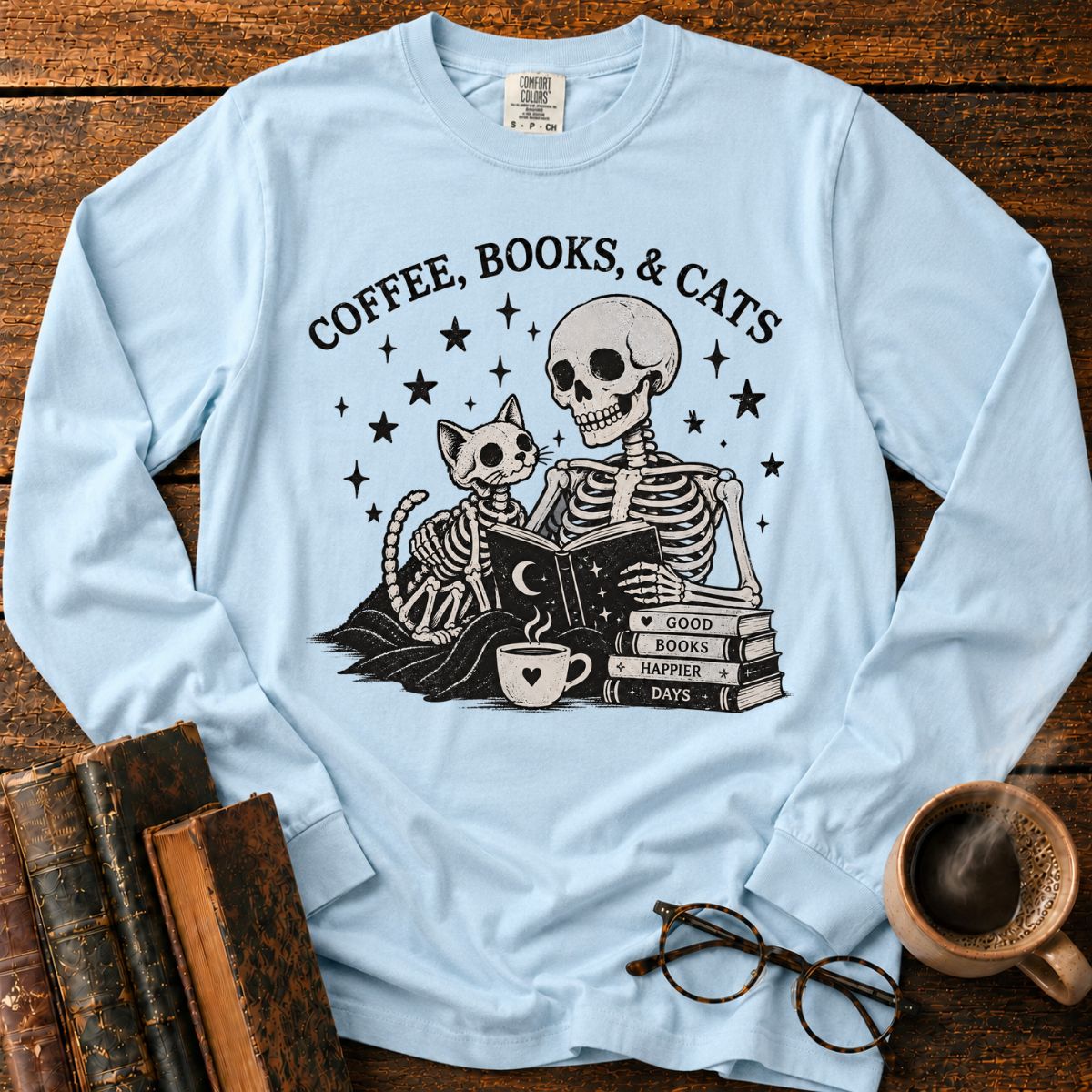 Coffee Books Cats LS T-Shirt