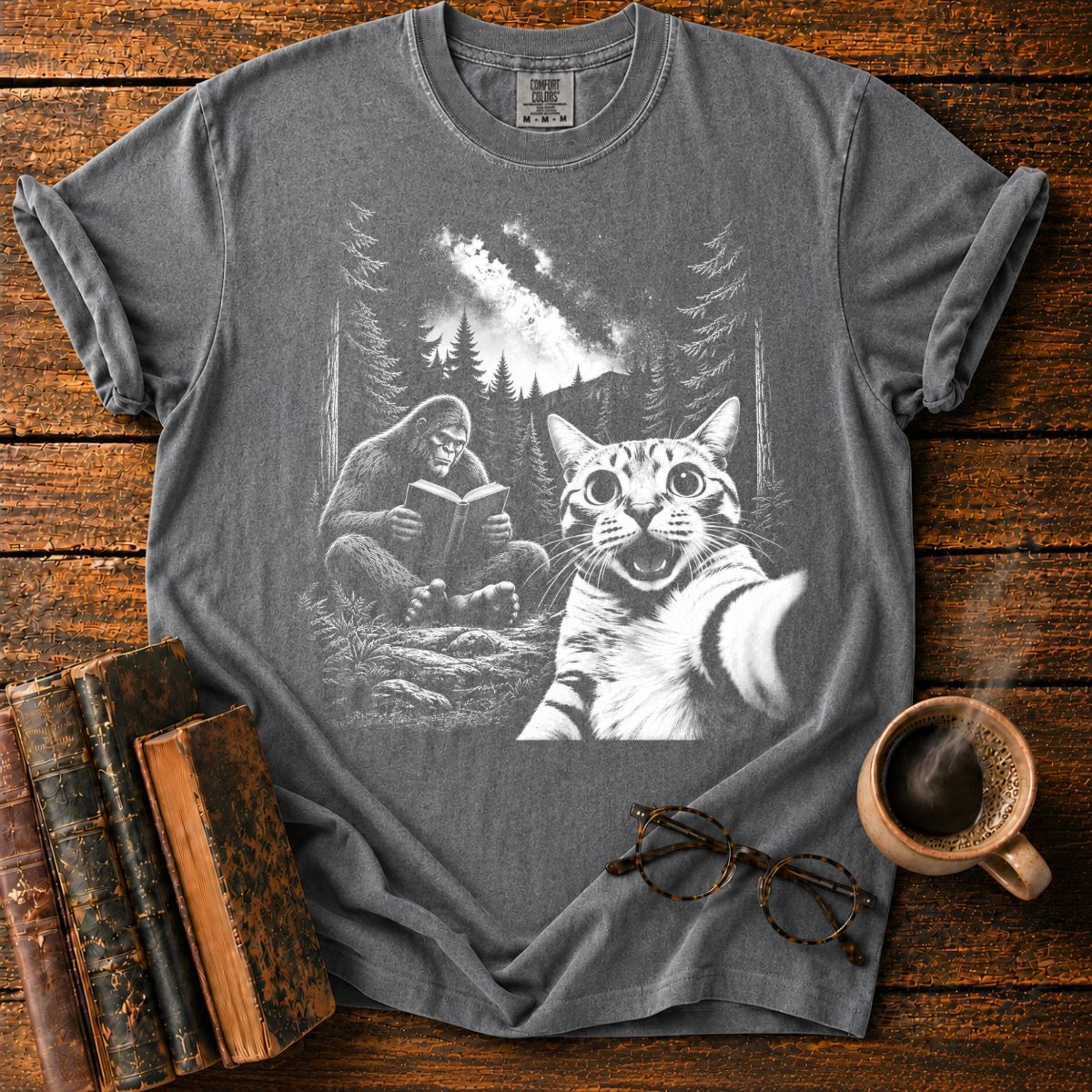 Moonlit Bigfoot and Cat Reading T-Shirt