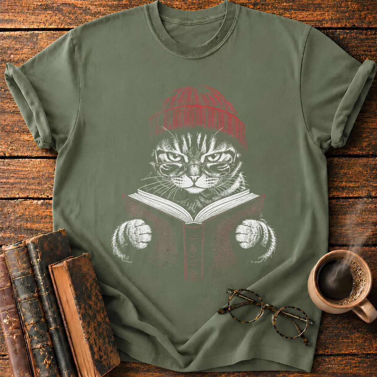 Cat with Red Beanie and Book T-Shirt