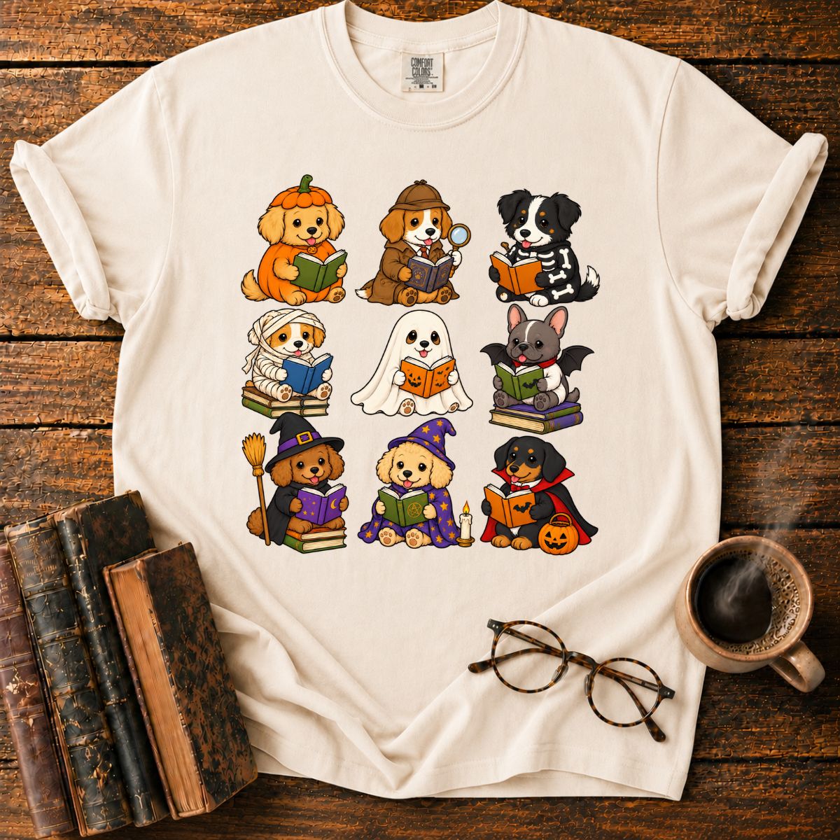 Kawaii Halloween Dogs Reading T-Shirt