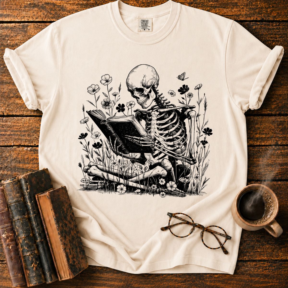 Skeletal Reader in a Wildflower Meadow T-Shirt