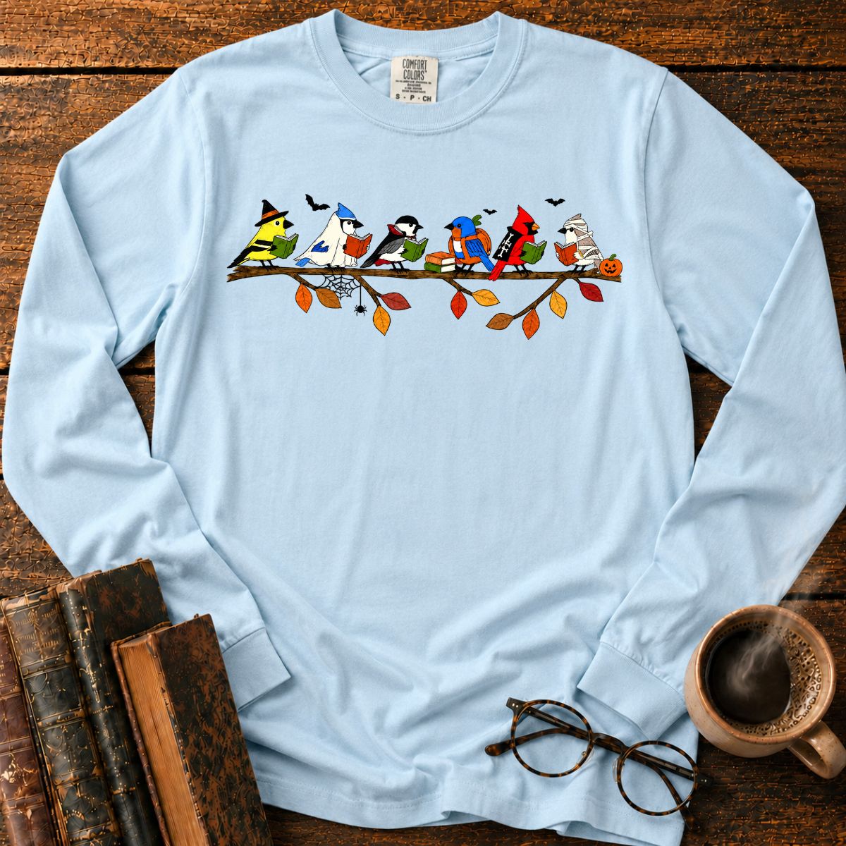 Halloween Birds Reading LS T-Shirt