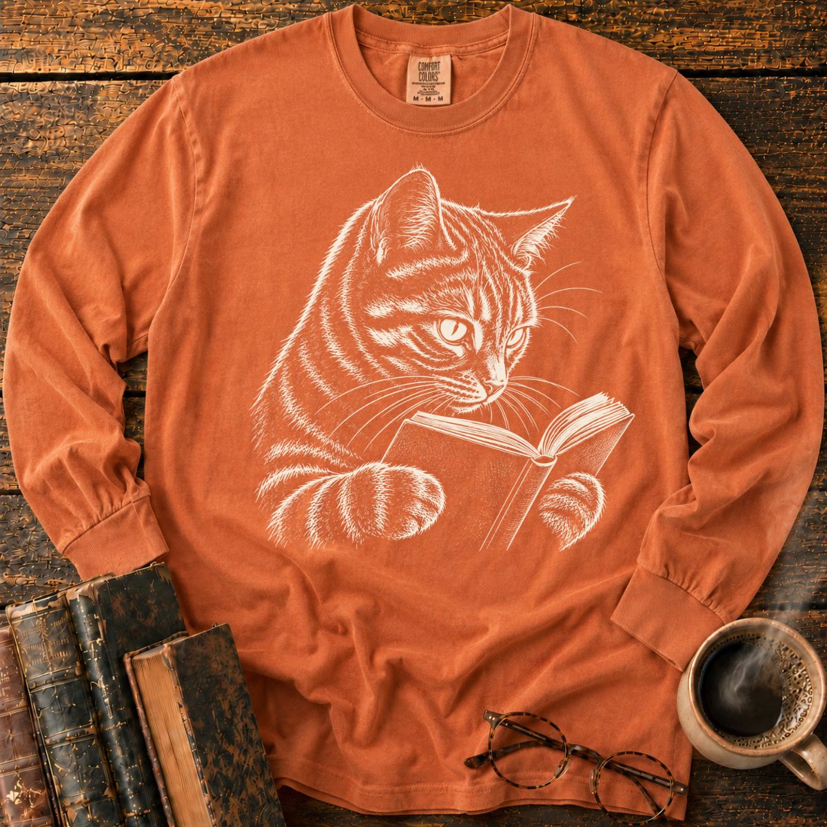 Tabby Cat Reading LS T-Shirt
