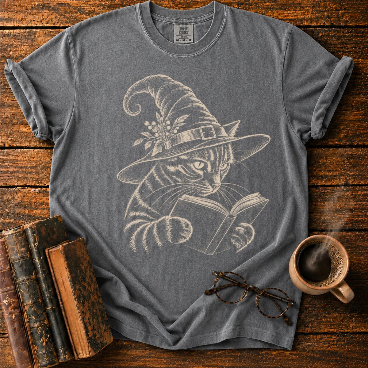 Vintage Witch Cat Reading a Book T-Shirt