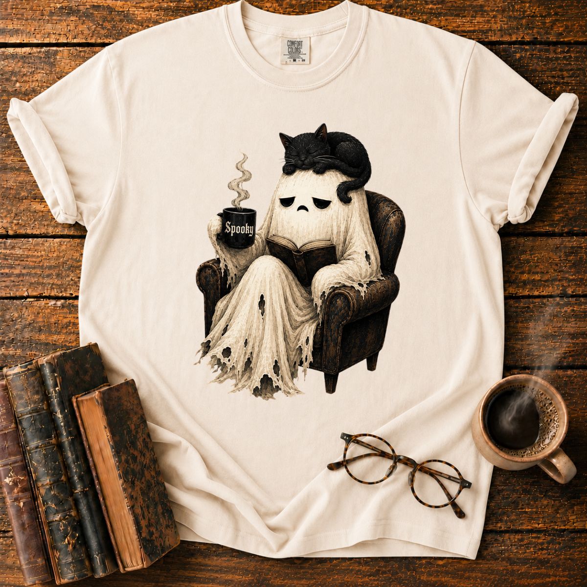 Sleepy Ghost Reading with a Cat T-Shirt
