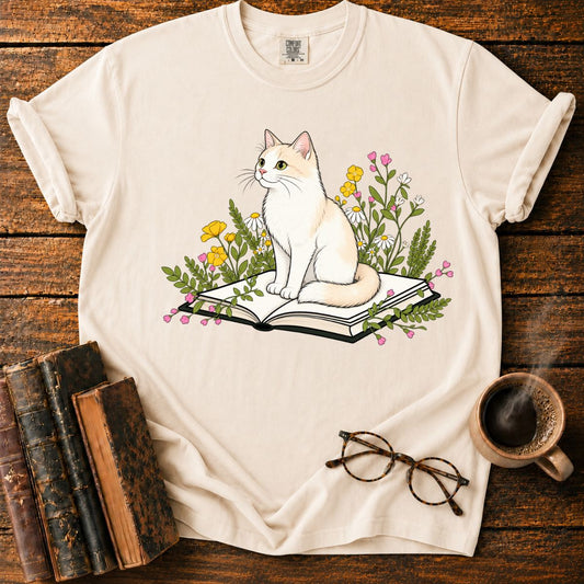 Cat Reading Among Flowers T-Shirt