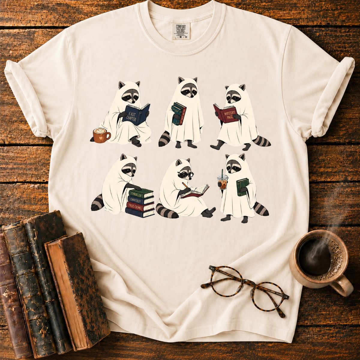 Ghostly Raccoons’ Cozy Book Club T-Shirt