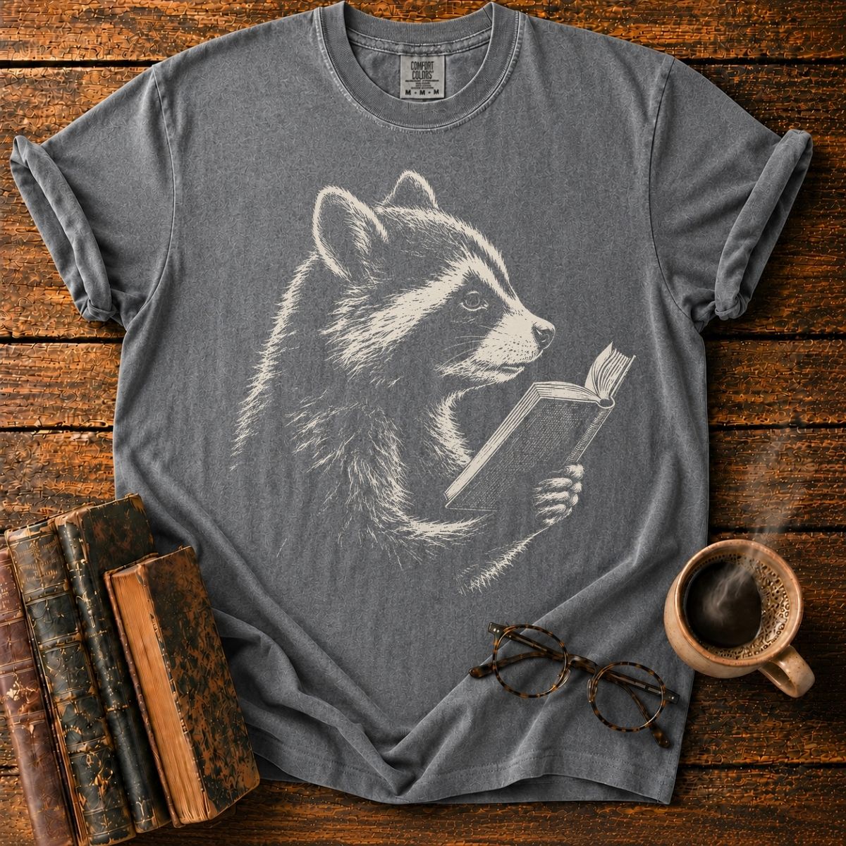 Vintage Engraved Raccoon Reading T-Shirt