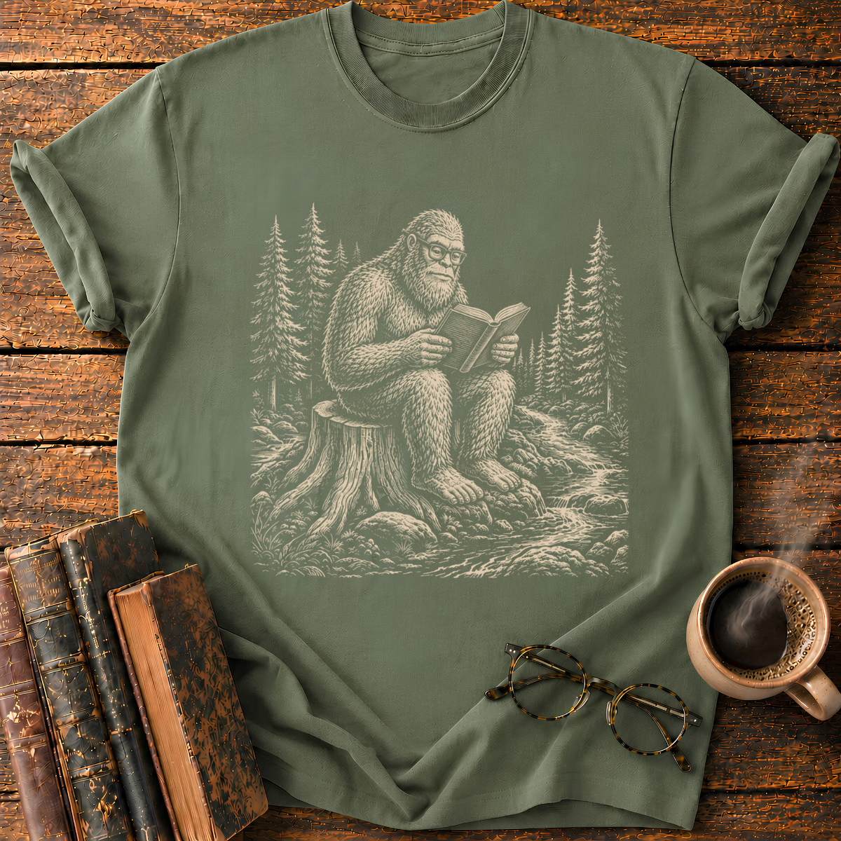 Bigfoot Reading in the Pine Forest T-Shirt