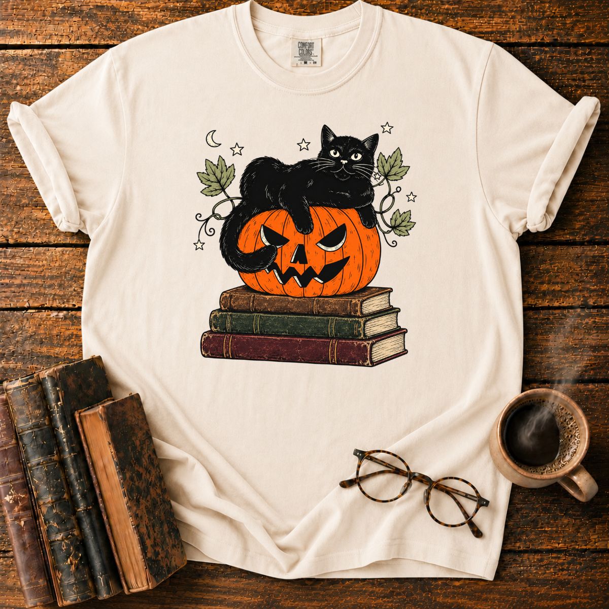 Black Cat, Pumpkin and Vintage Books T-Shirt