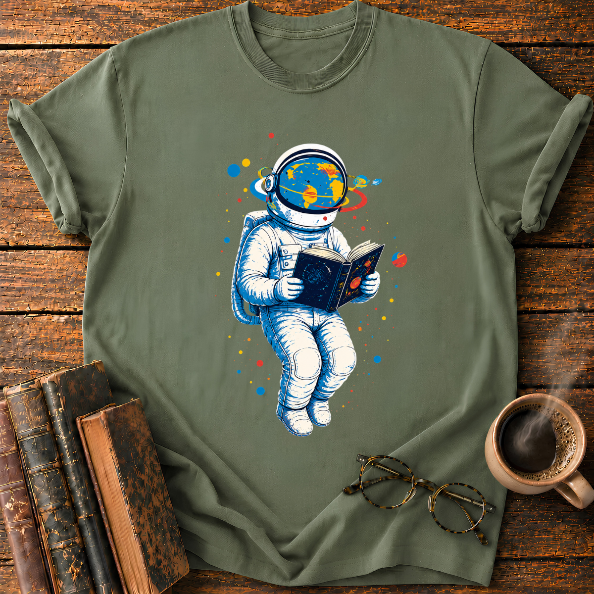 Astronaut Reading Among Colorful Planets T-Shirt