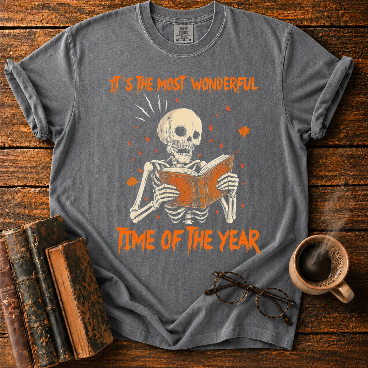 Skeleton Reading Beneath Autumn Leaves T-Shirt