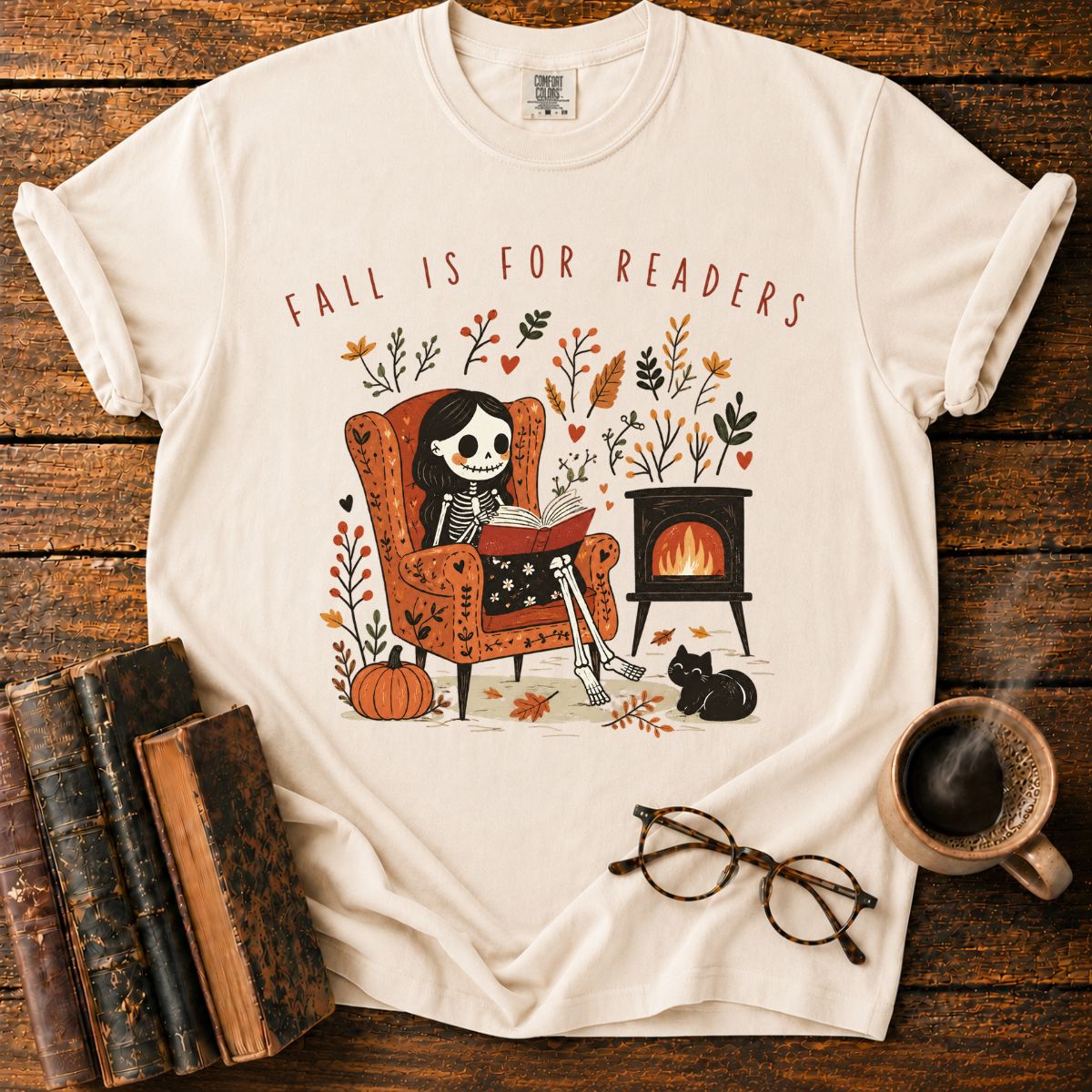 Fall Is for Readers Cozy Skeleton T-Shirt