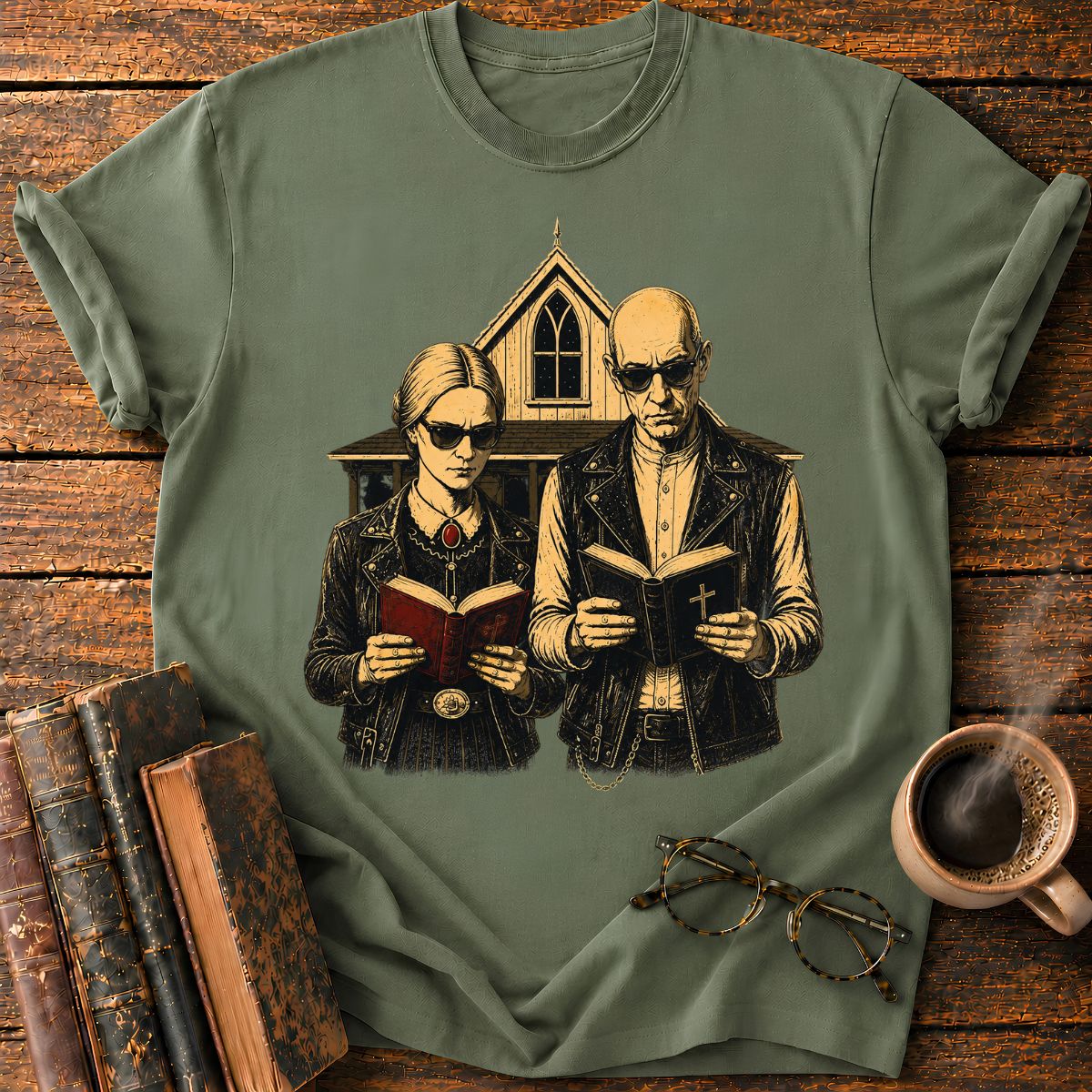 Gothic Couple Reading at the Chapel T-Shirt