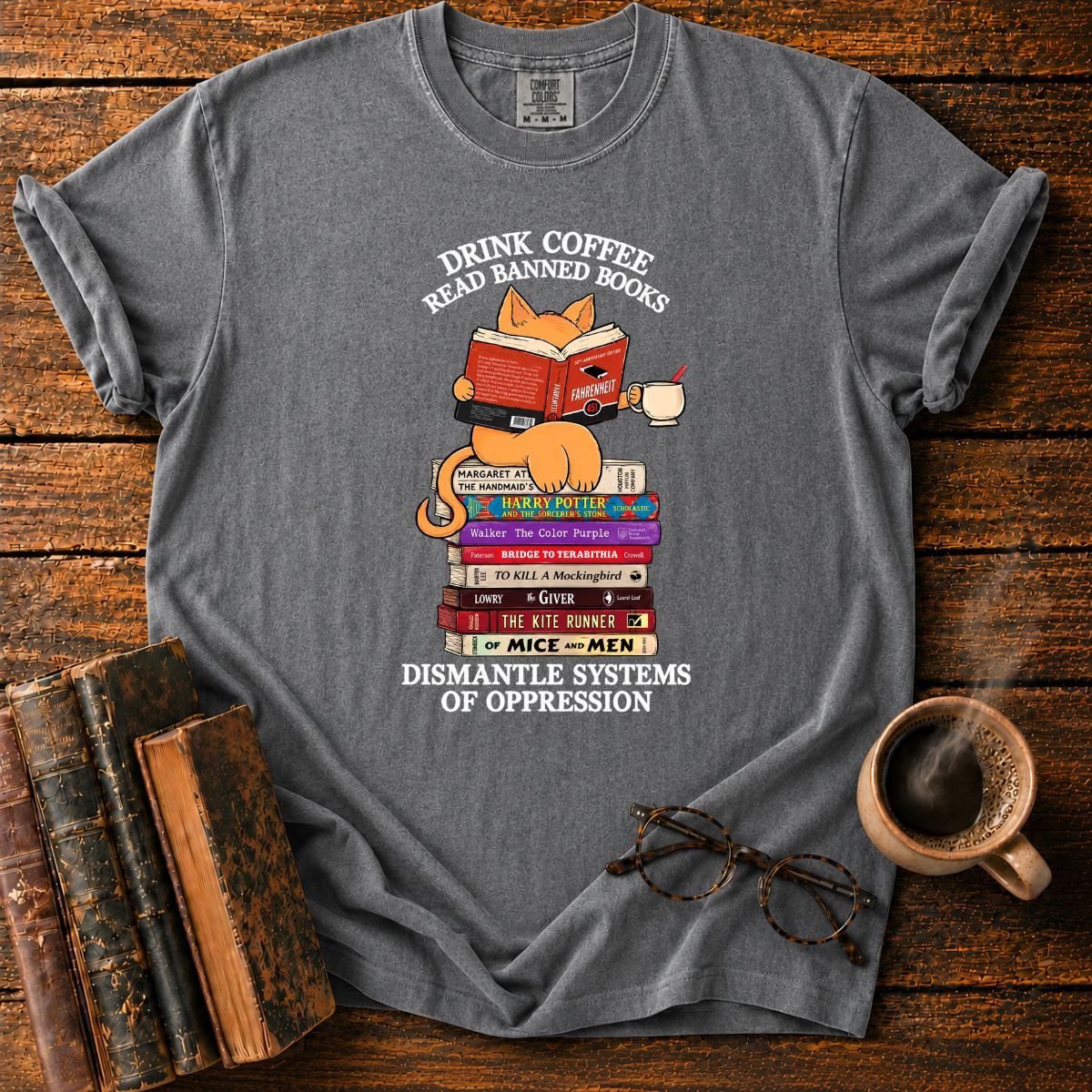 Cat Drink Coffee Read Banned Books T-Shirt