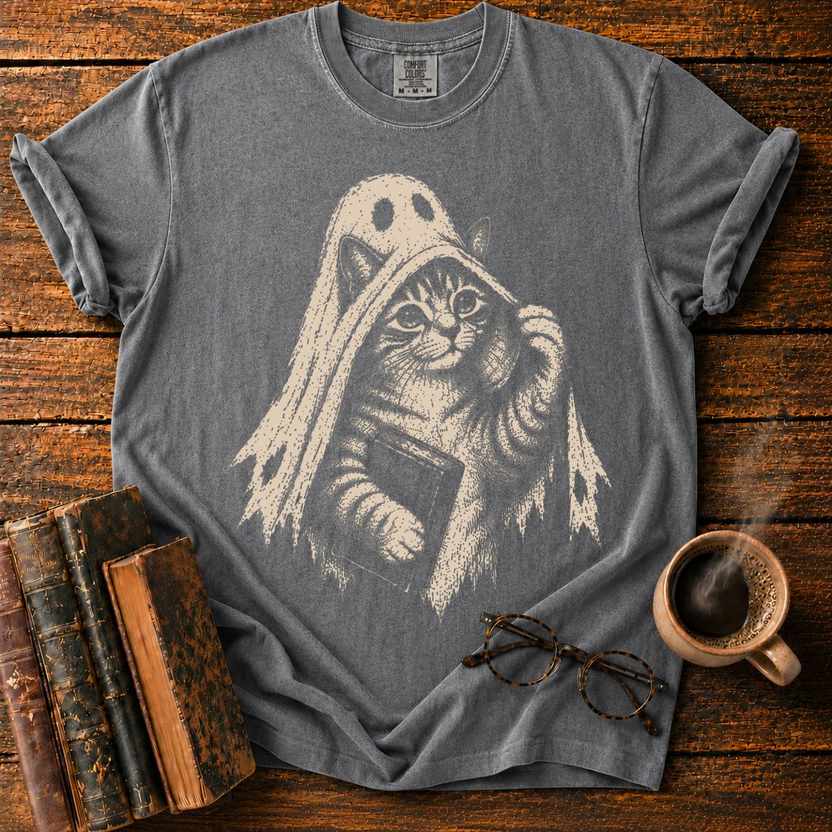 Ghost Kitten with Book T-Shirt