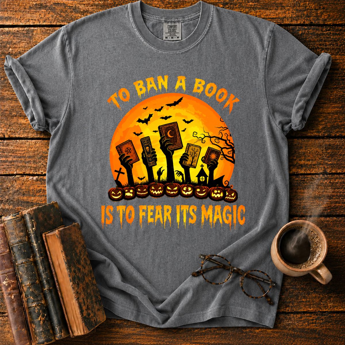Zombie Hands Raise Haunted Books T-Shirt