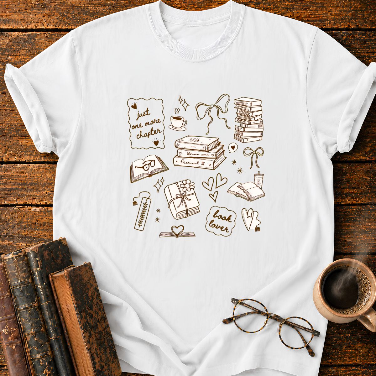 Bookish Doodle Collage in Warm T-Shirt