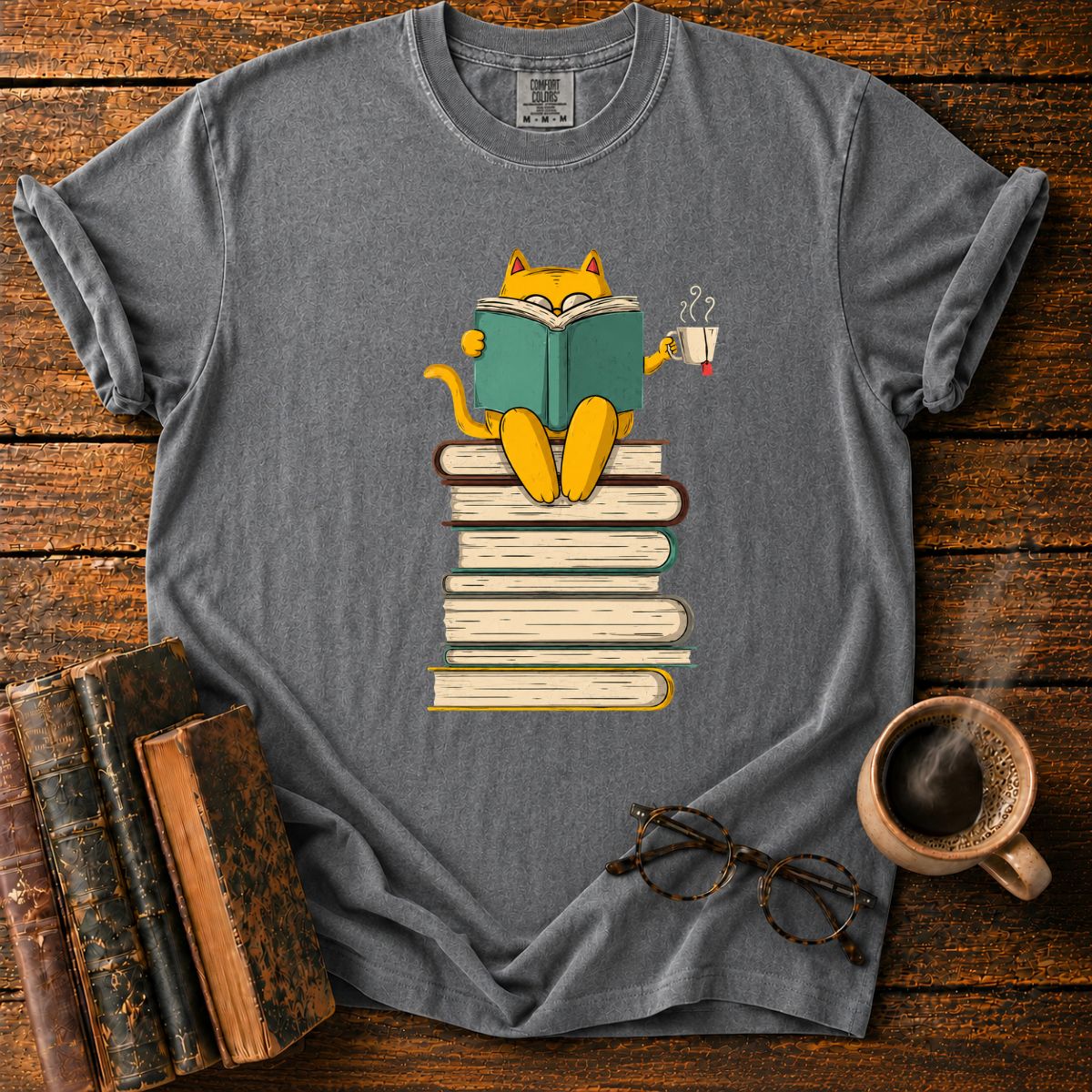 Cat Reading Atop a Tower of Books T-Shirt