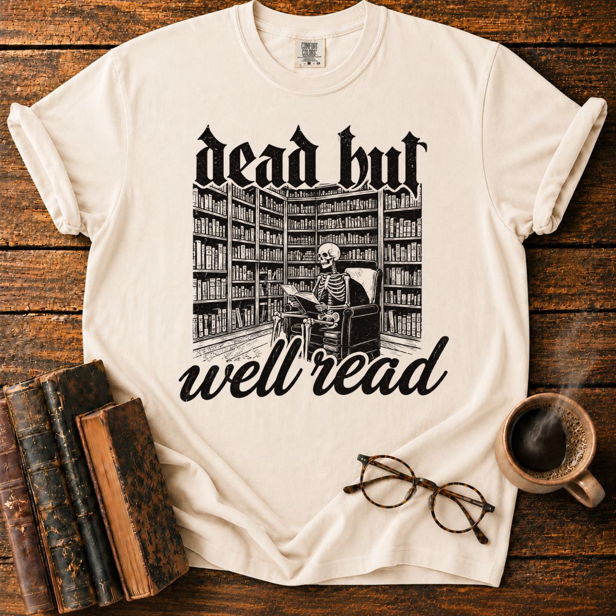 Dead But Well Read Skeleton Library T-Shirt