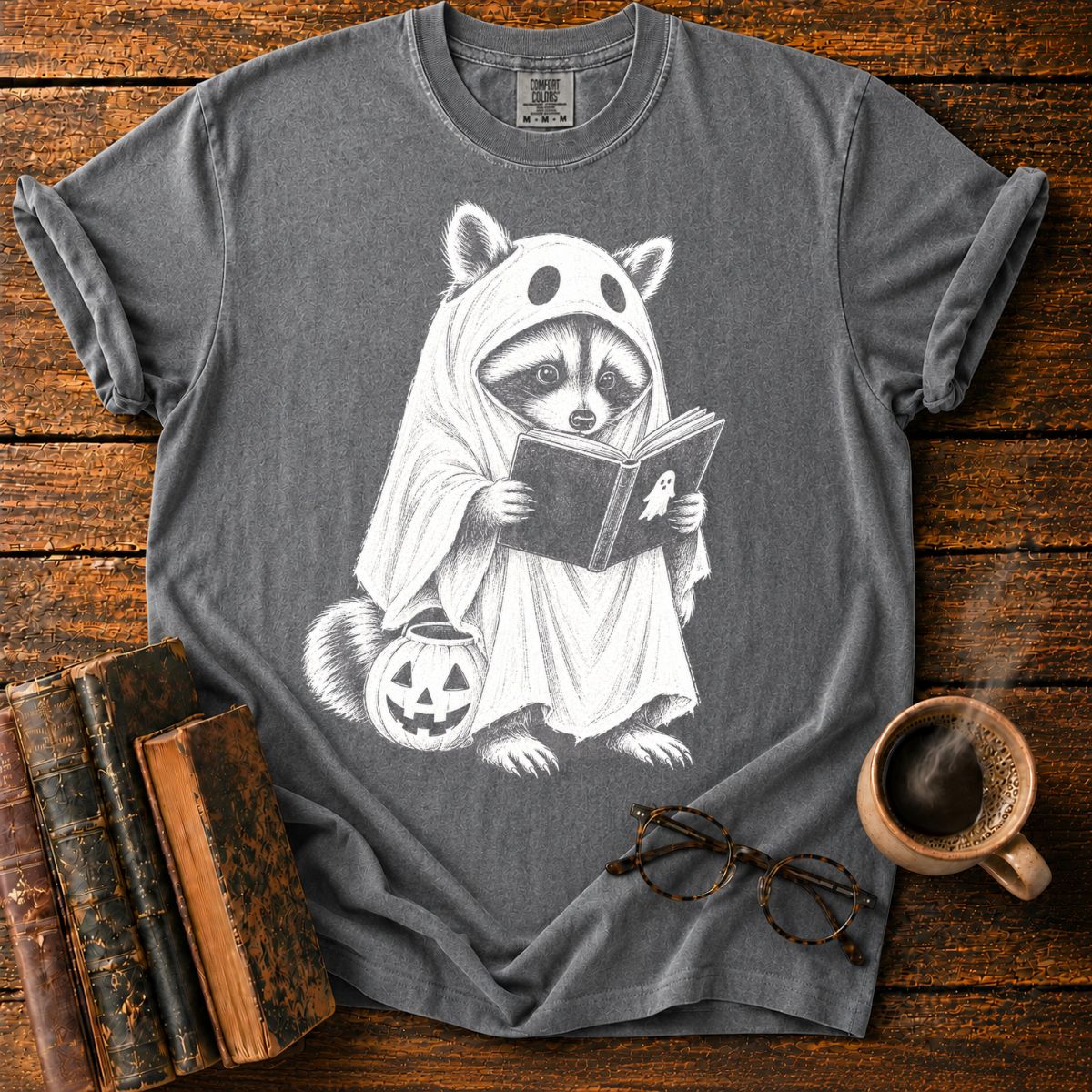 Ghostly Raccoon Reading by Pumpkin T-Shirt