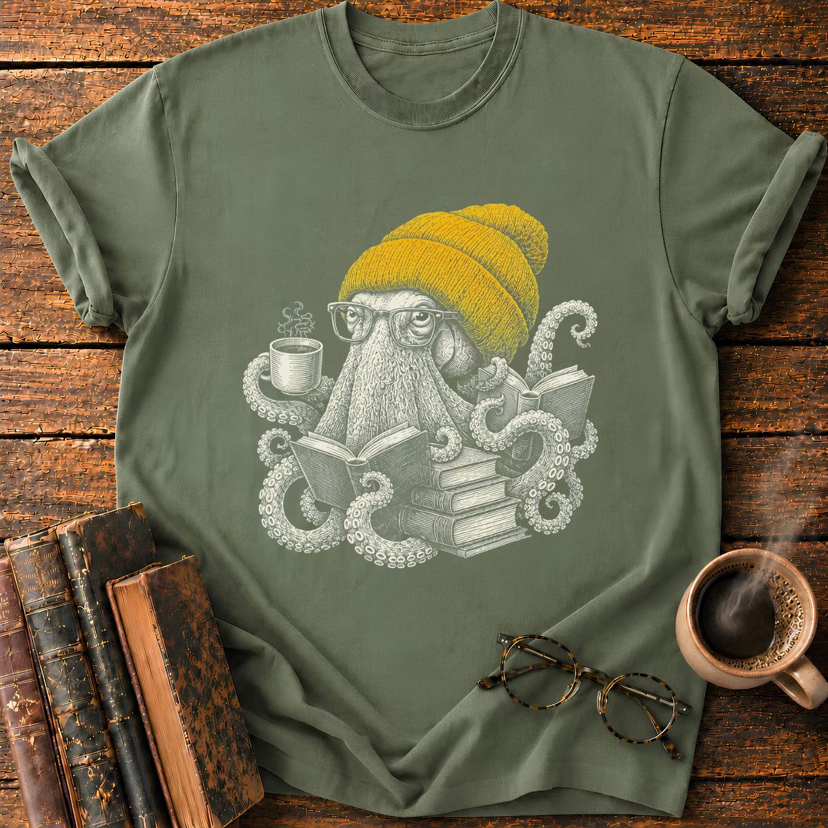 Octopus with Coffee and Books T-Shirt