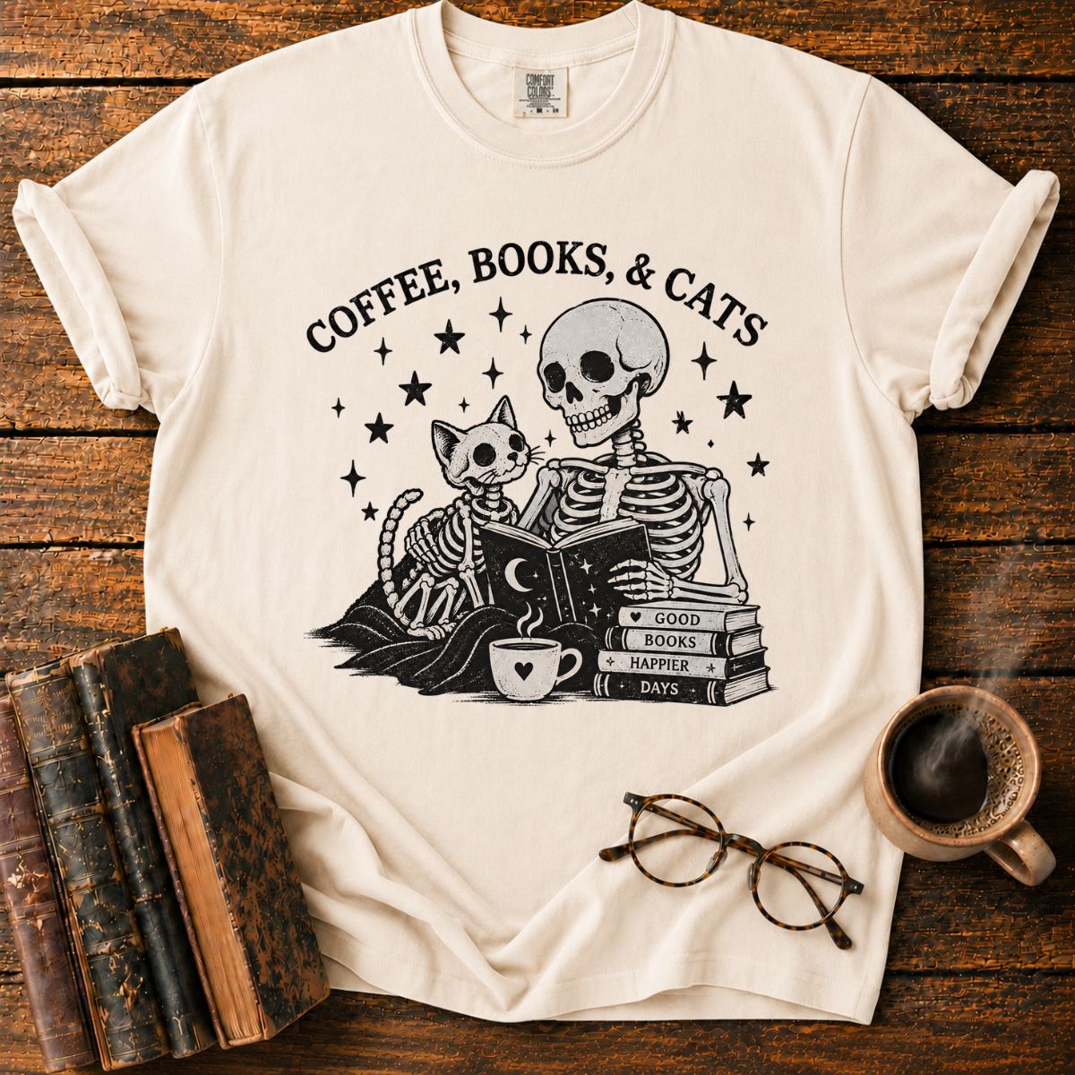 Coffee Books and Cats Skeleton T-Shirt