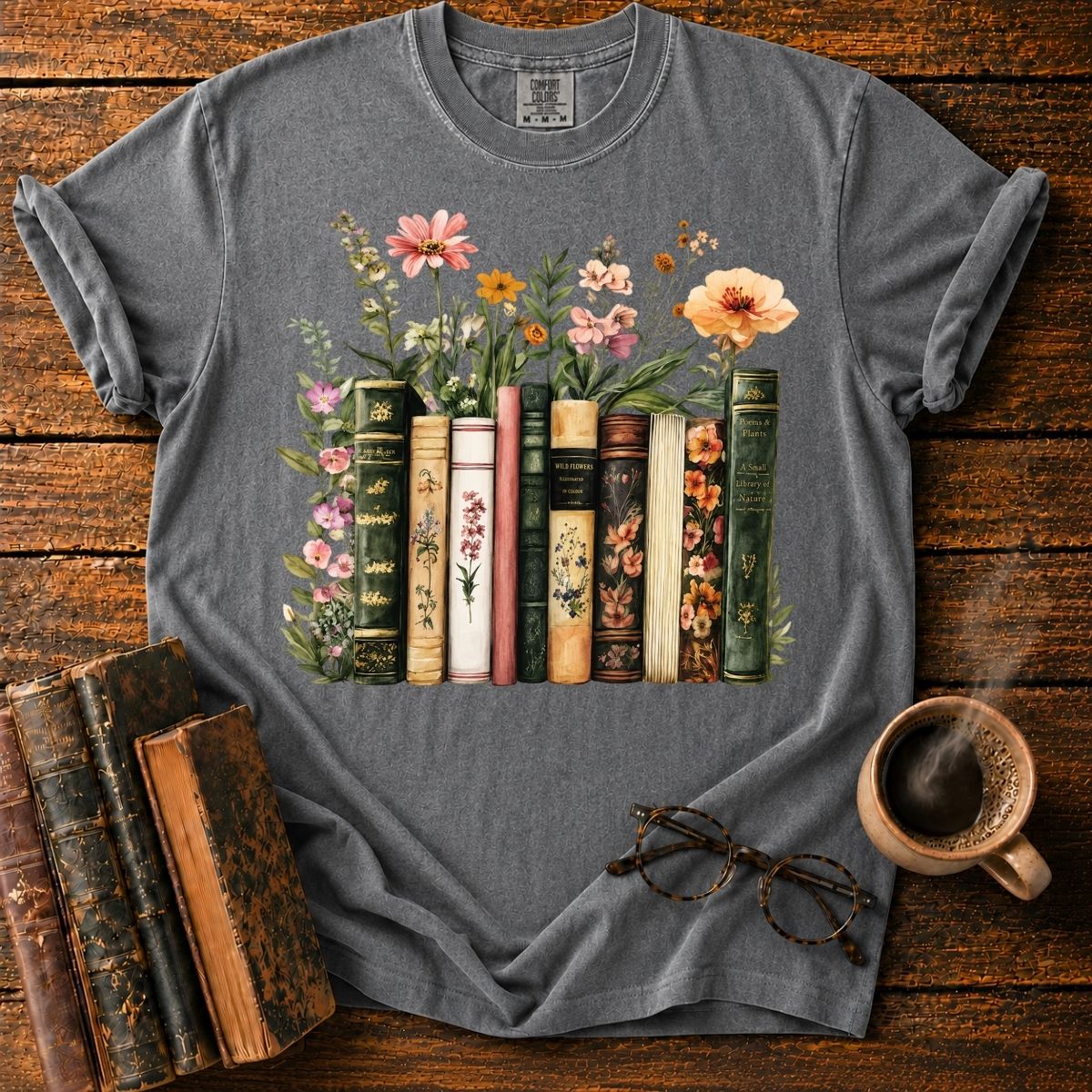 Vintage Books with Wildflowers T-Shirt