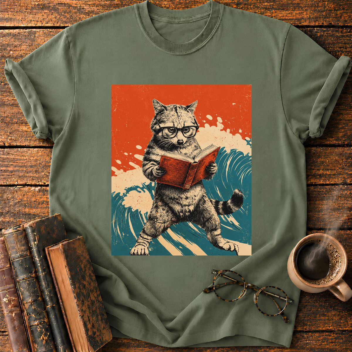 Vintage Cat Reading By The Sea T-Shirt