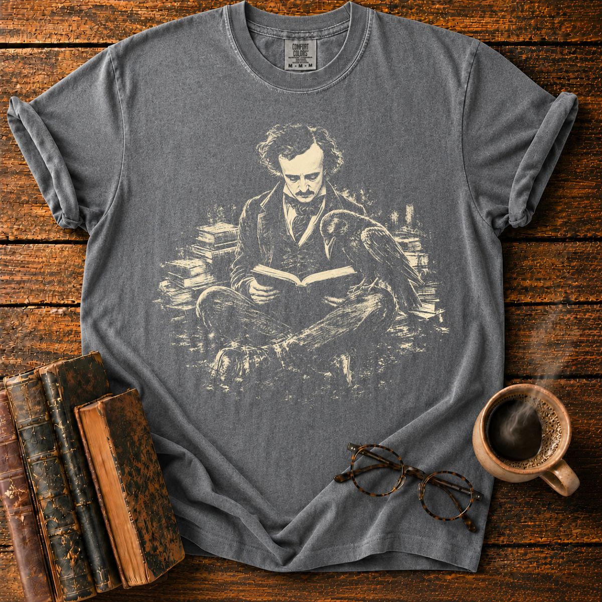 Edgar Allan Poe Reading With Raven T-Shirt