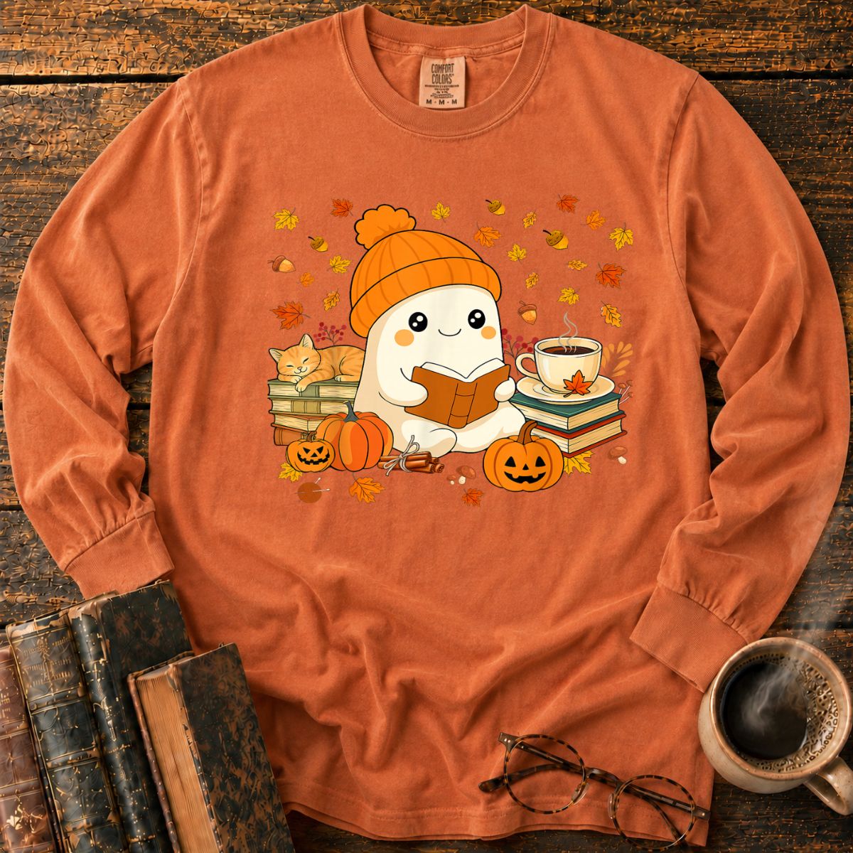 Cute Ghost Reading Book Halloween Long Sleeve T-Shirt