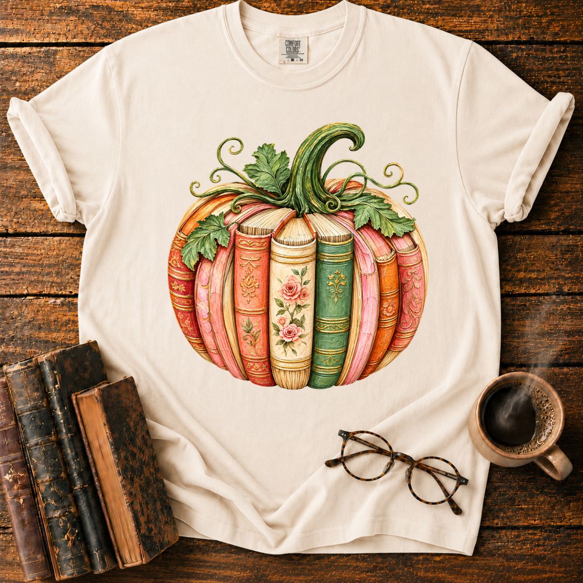 Vintage Book-Spine Pumpkin with Vines T-Shirt