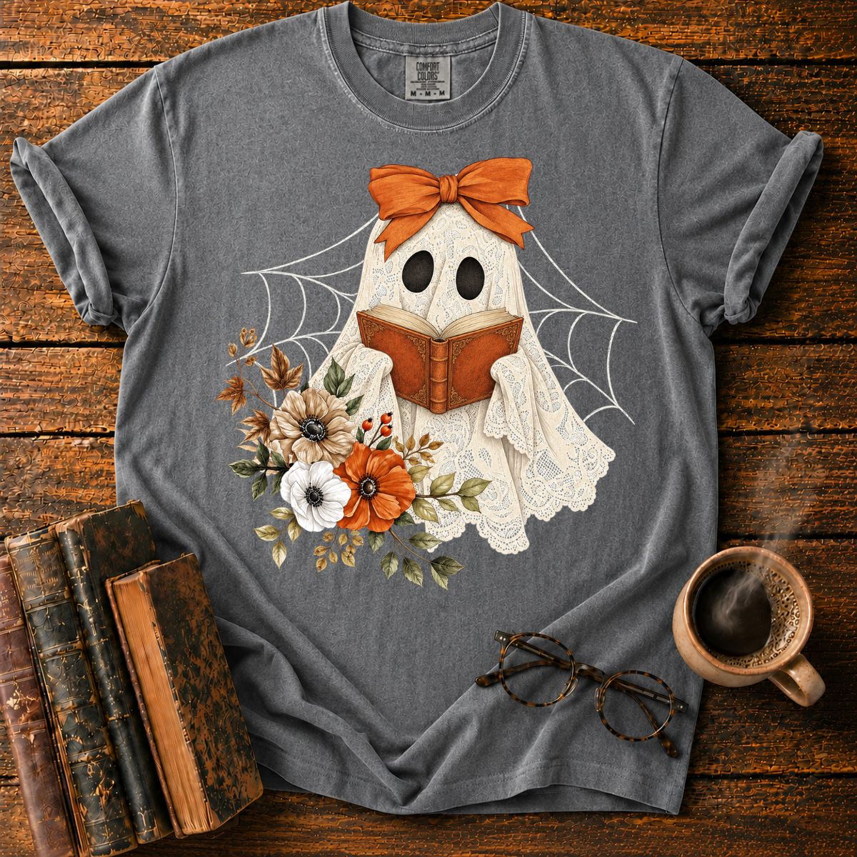 Lace Ghost Reads Among Autumn Flowers T-Shirt
