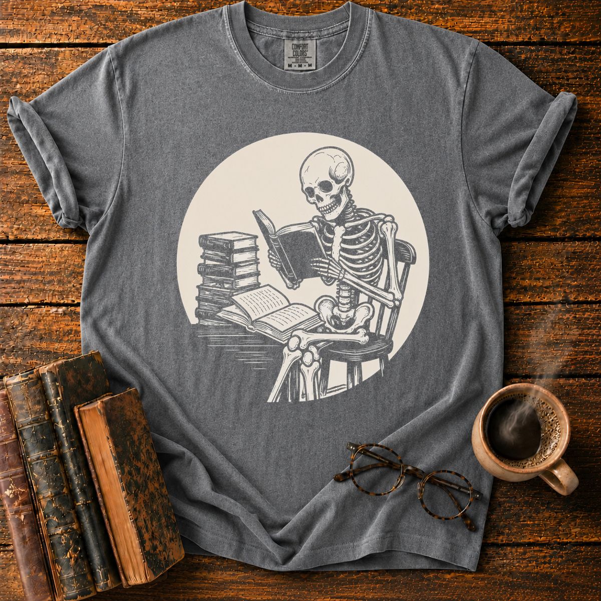 Skeleton Reading Under Moonlight T-Shirt