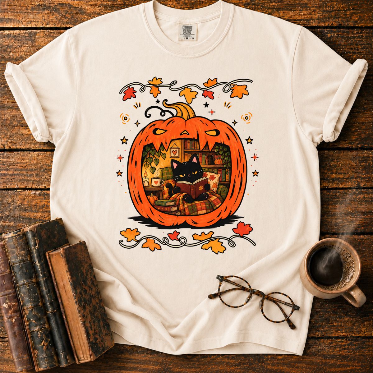 Cozy Pumpkin Reading Nook with Cat T-Shirt