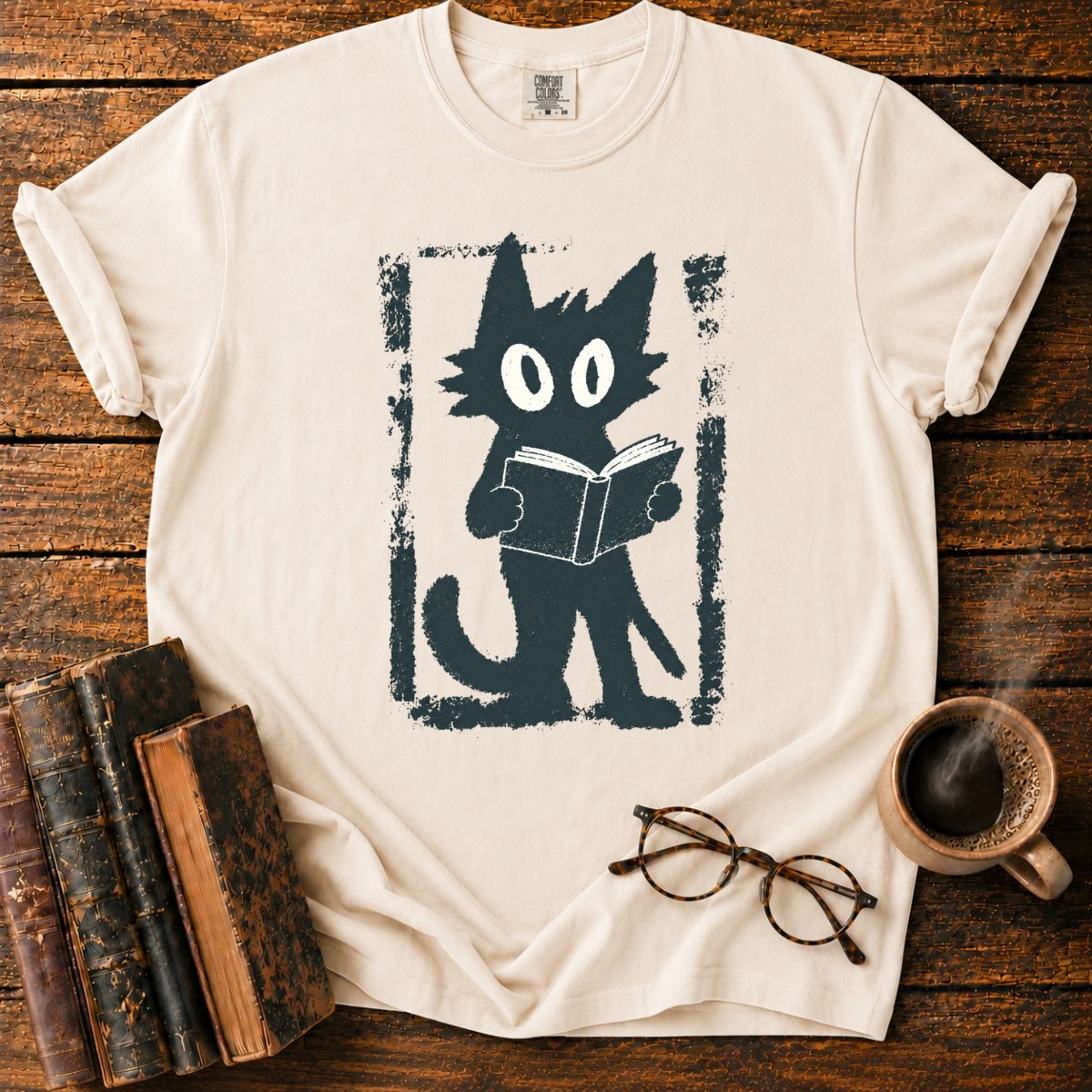 Vintage Cat Reading Screen Print T-Shirt