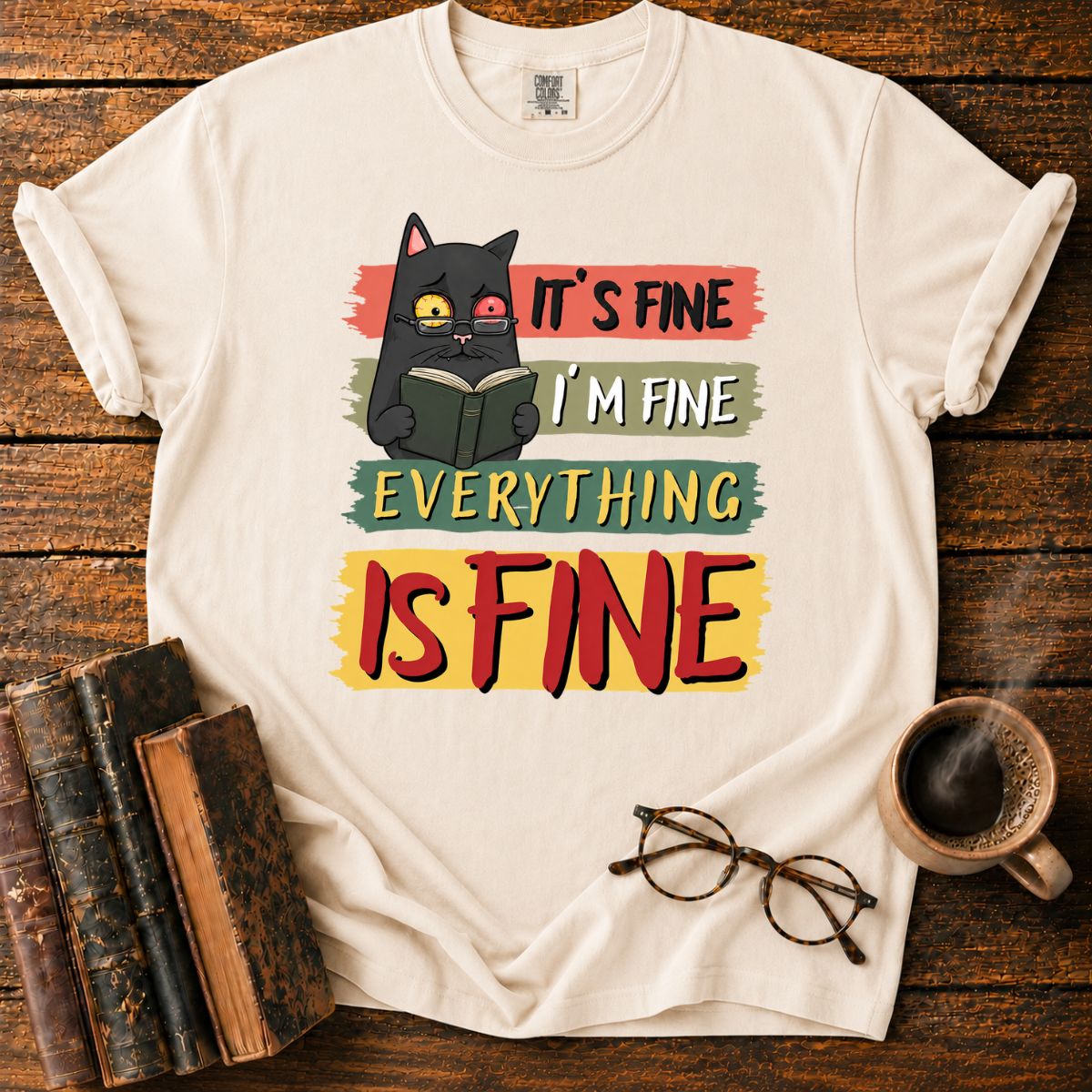 Anxious Cat Reading_ Everything Is Fine T-Shirt