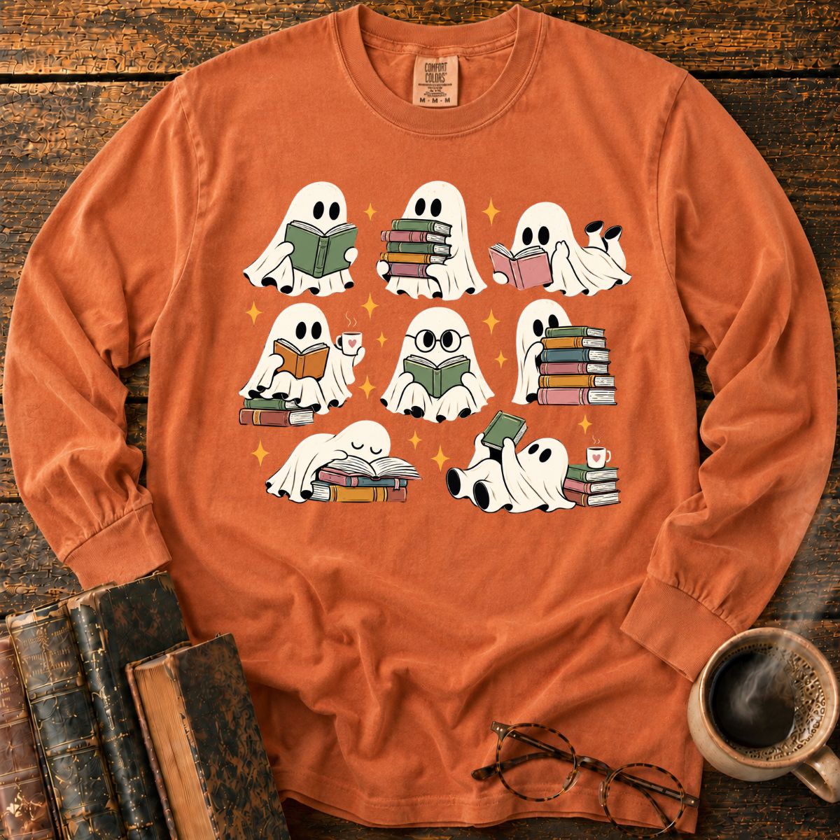 Cozy Ghosts Reading Books LS T-Shirt
