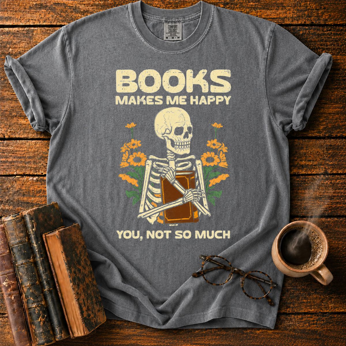 Books Make Me Happy Skeleton Floral T-Shirt