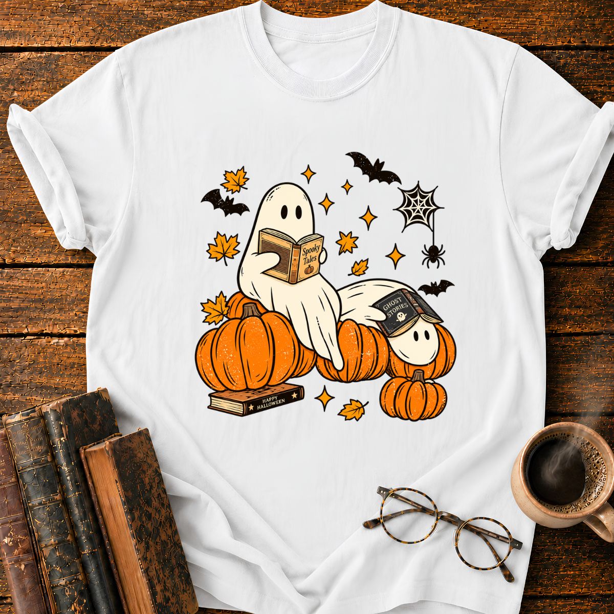 Ghost Reading A Book in Halloween T-Shirt
