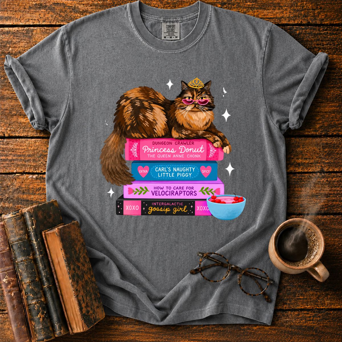 Princess Cat Book Stack Bookish T-Shirt