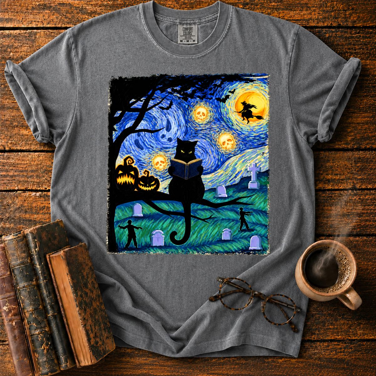 Black Cat Reading Under Skull Moon T-Shirt
