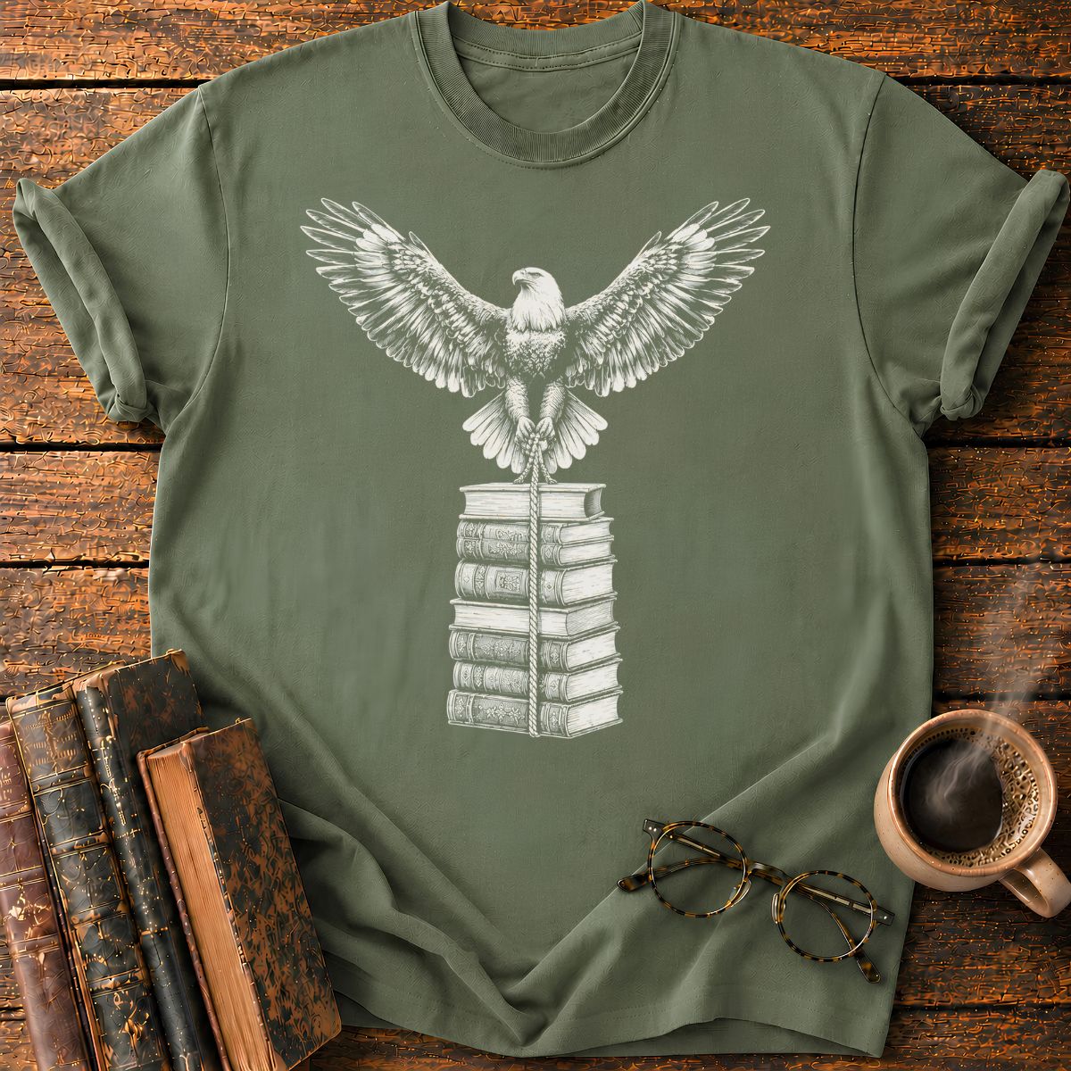 Engraved Eagle Over Bound Books T-Shirt