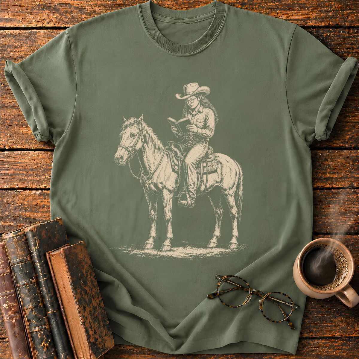 Cowgirl Reading on Horseback T-Shirt