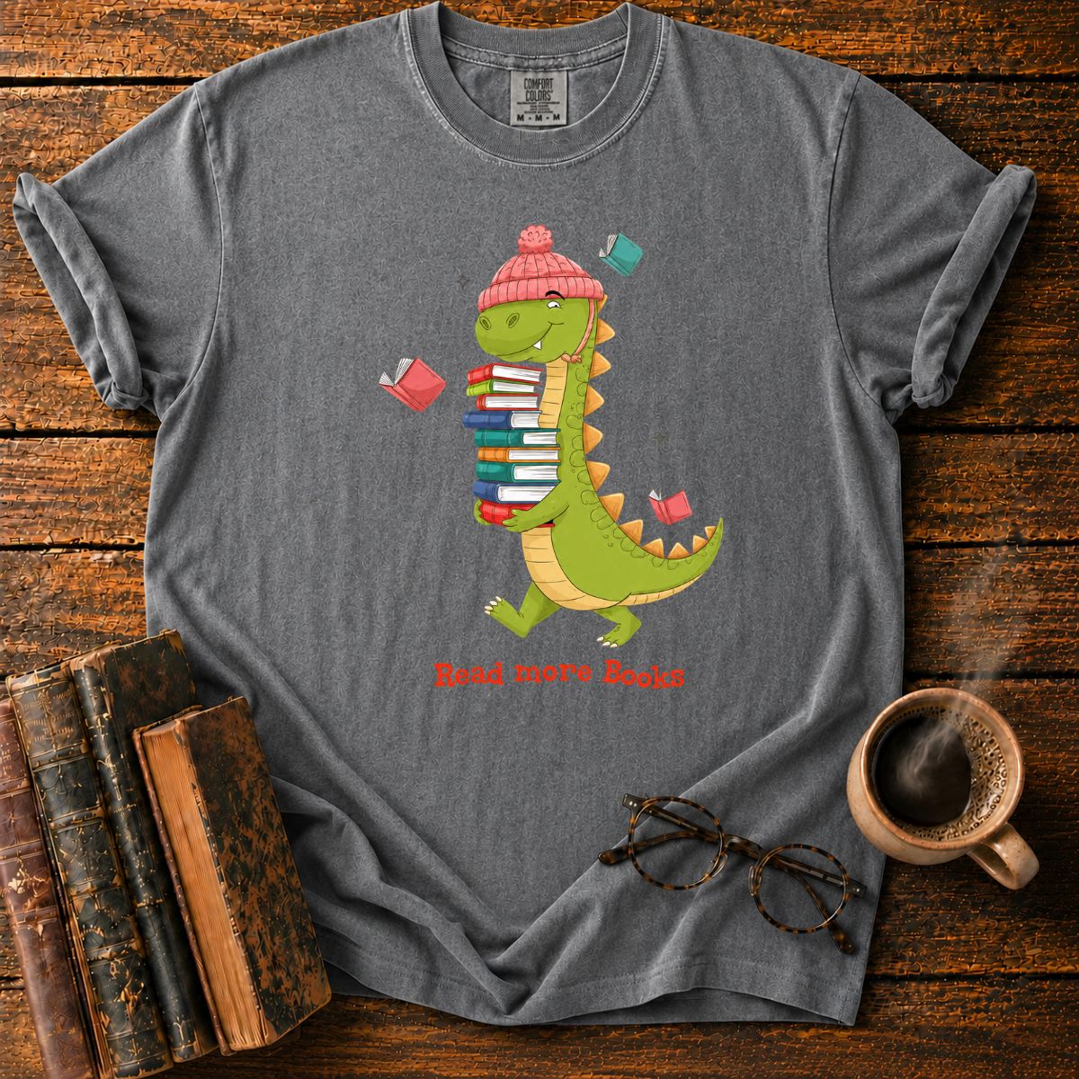 Dinosaur With Books T-Shirt