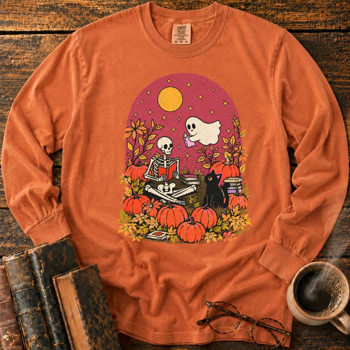 Skeleton Ghost Reading LS T-Shirt