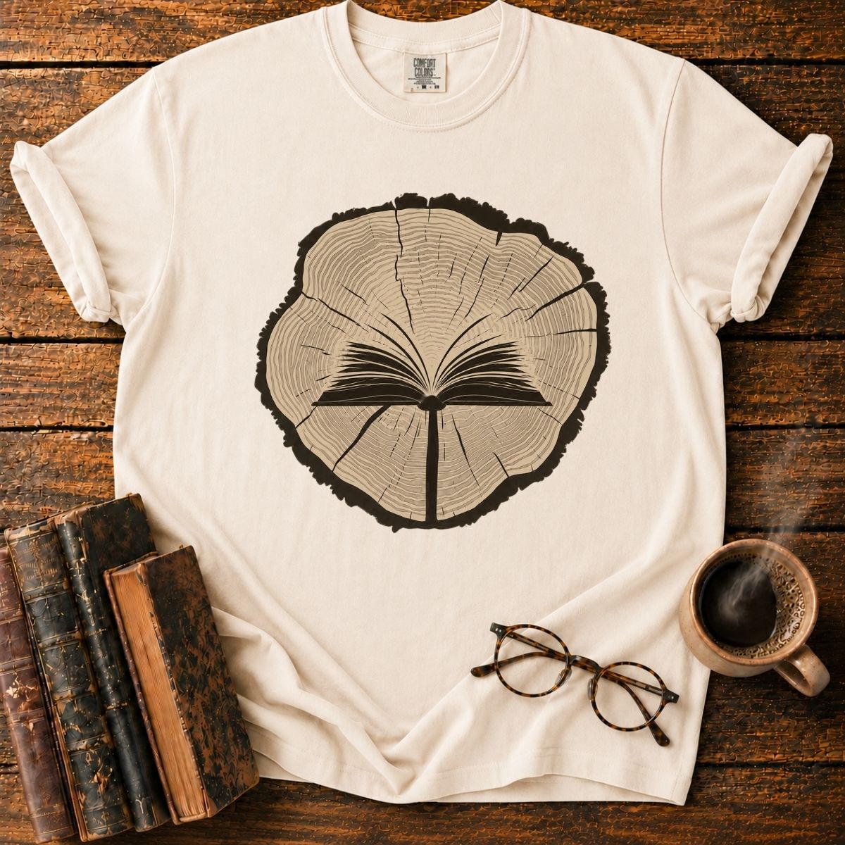 Open Book in a Wood Slice T-Shirt
