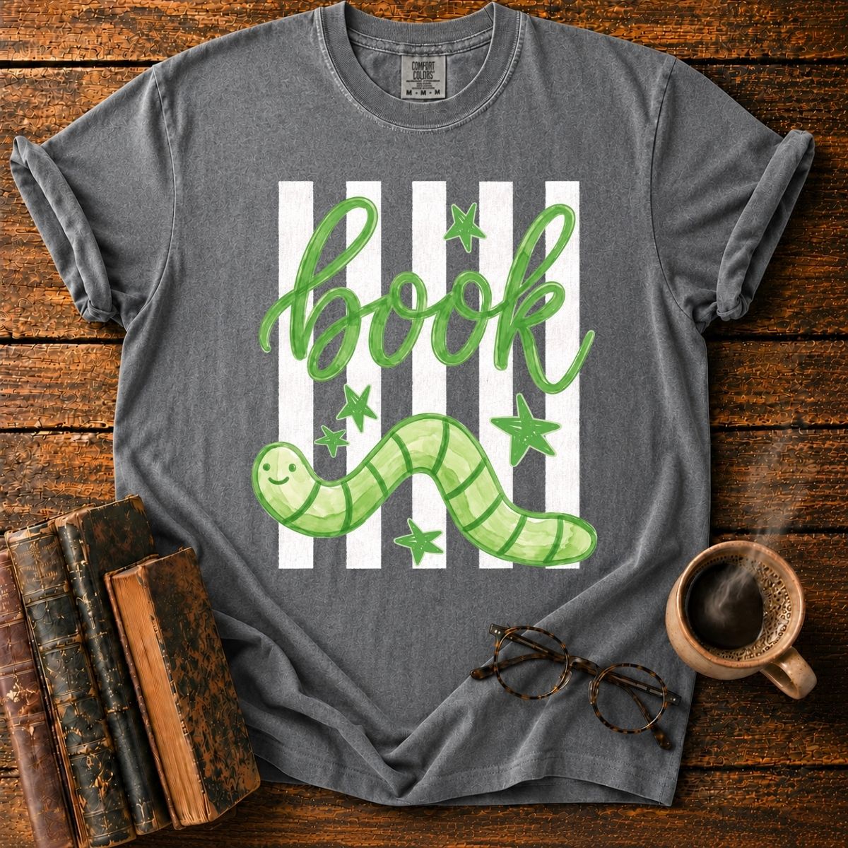 Green Bookworm on Pink Stripes T-Shirt