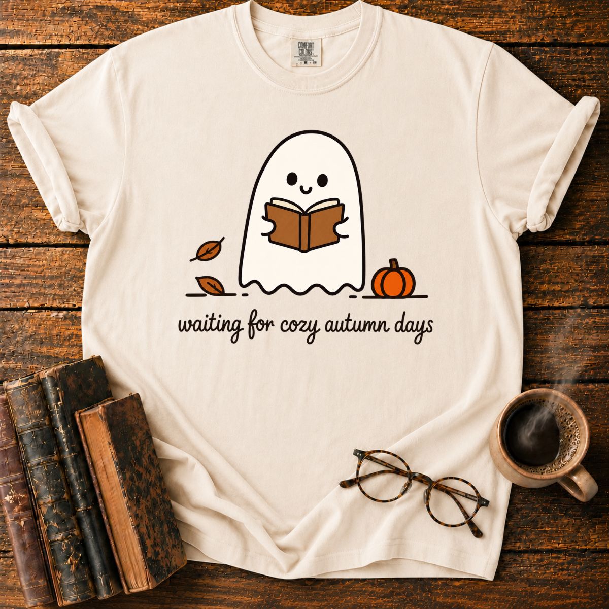 Cozy Ghost Reading Among Autumn Leaves T-Shirt
