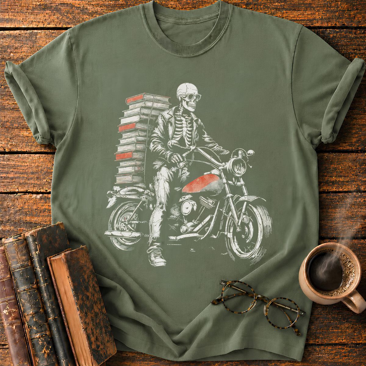Skeletal Biker’s Tower of Books T-Shirt